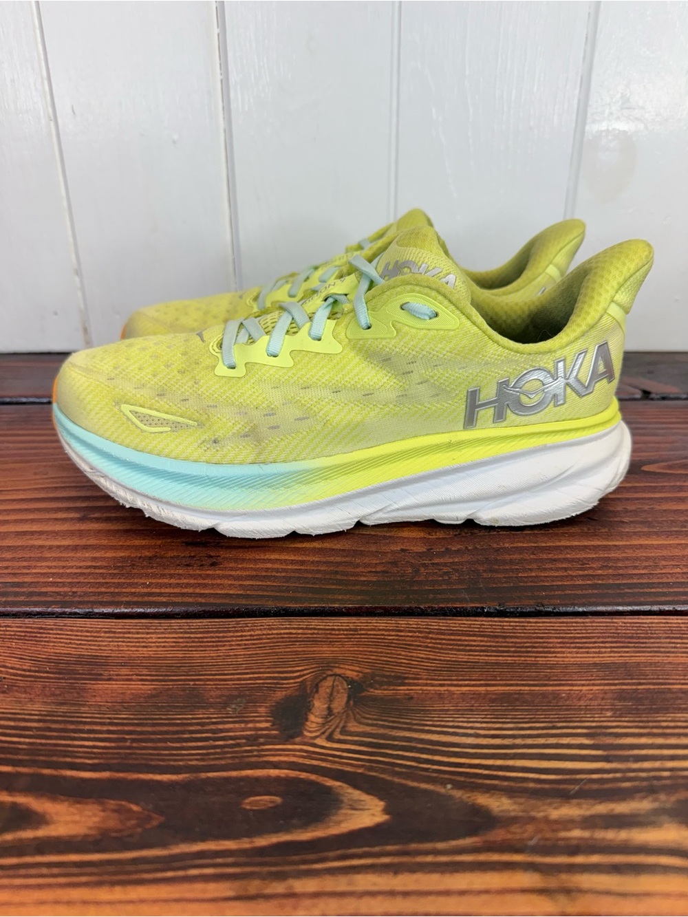 HOKA Clifton 9 Women’s Size 9B Yellow Blue Running Athletic Shoes